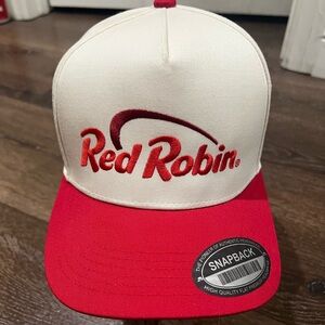 NWT Red Robin embroidered Snapback Hat red and cream